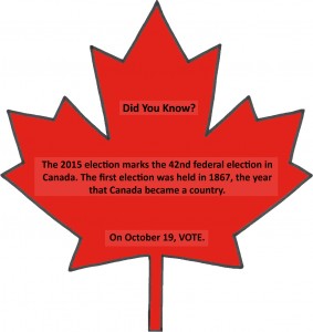 A red maple leaf with text reading: "Did you know? The 2015 election marks the 42nd federal election in Canada. The first election was held in 1867, the year that Canada became a country. On October 19, VOTE."